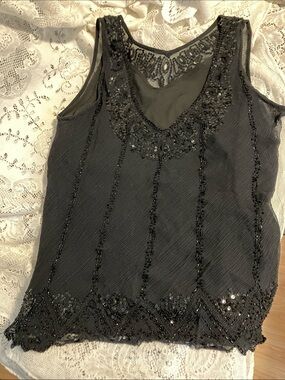 Source Unknown Black Beaded Sleeveless Tank Top